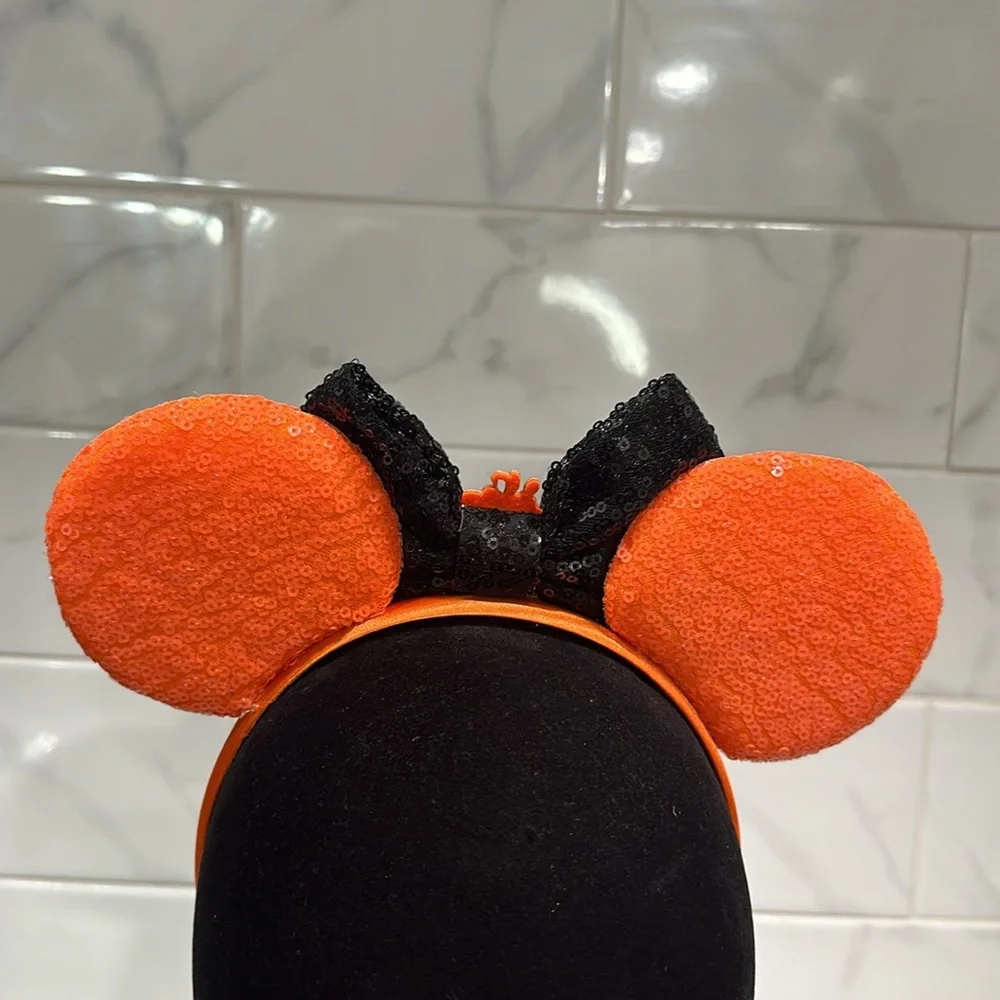 Halloween Pumpkin Minnie Mouse Sequin Ears Headband NEW Bow Spider Webs